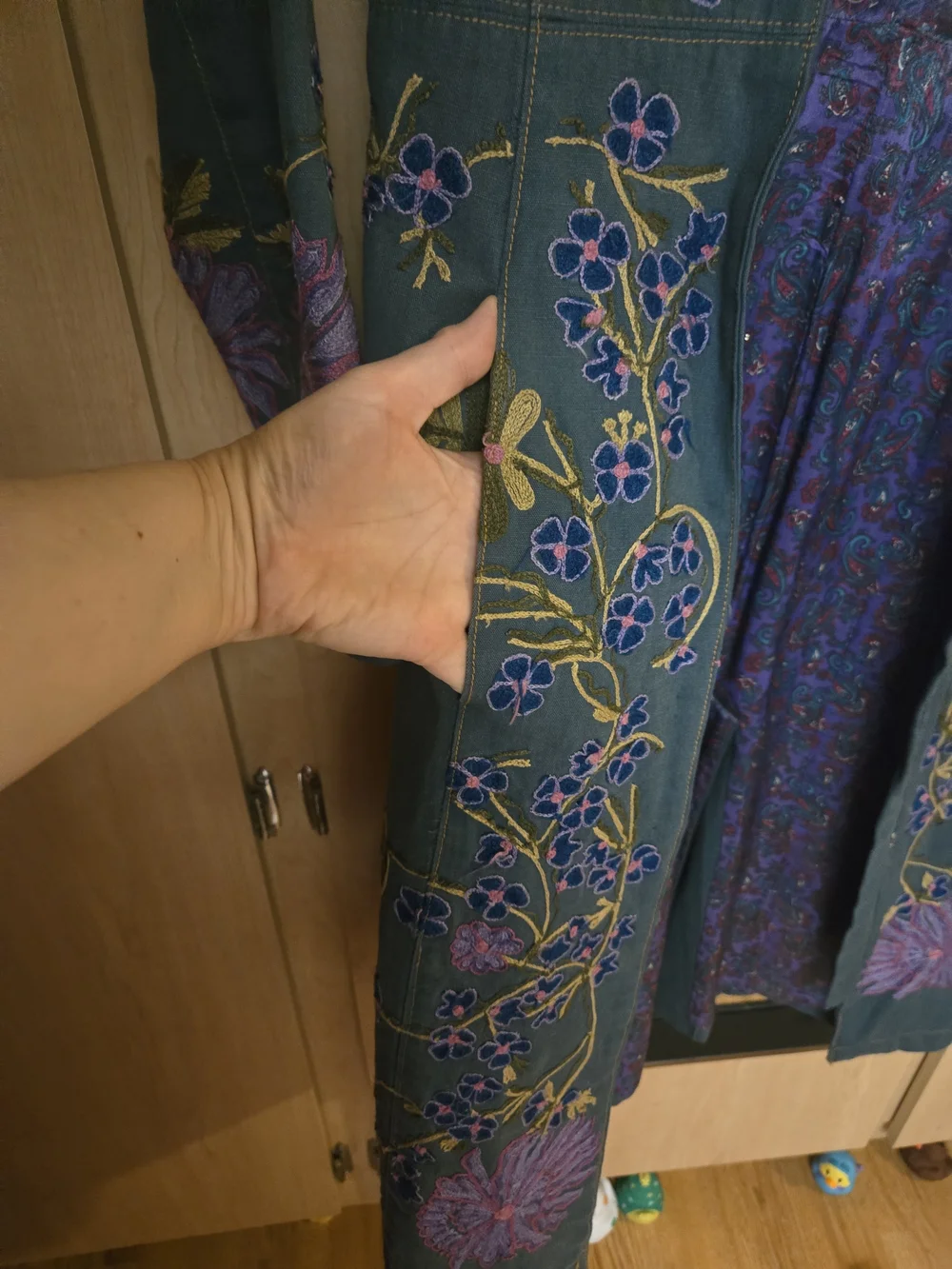 Tracy Reese Teal Trench Coat with Purple Floral Embroidery - Picture 7 of 8